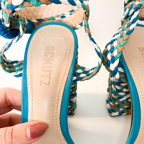 SCHUTZ blue braided block heel square toe sandal ankle wrap 38 - Picture 5 of 9